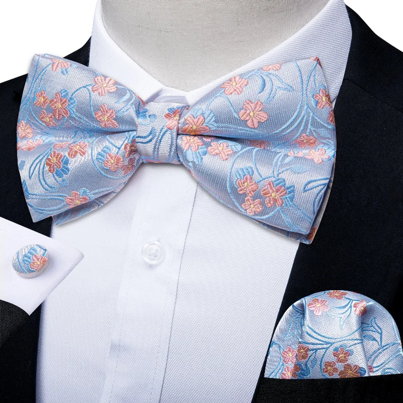 silk ties with designs-Blue Pink Floral Silk Bowtie Pocket Square Cufflinks Set