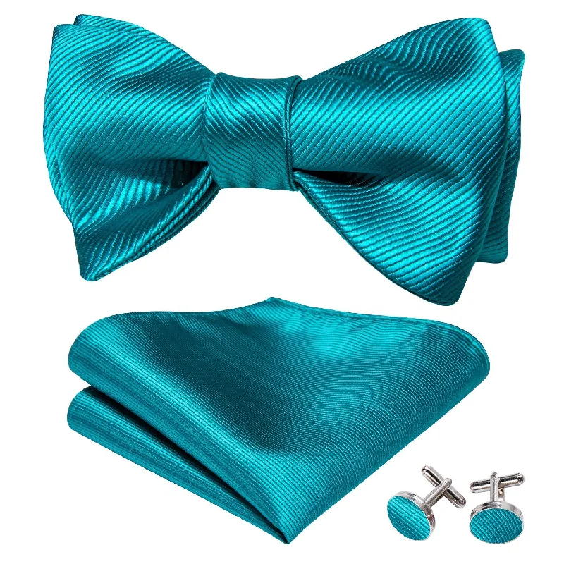 fun color neckties-Blue Solid Self-tied Bow Tie Hanky Cufflinks Set