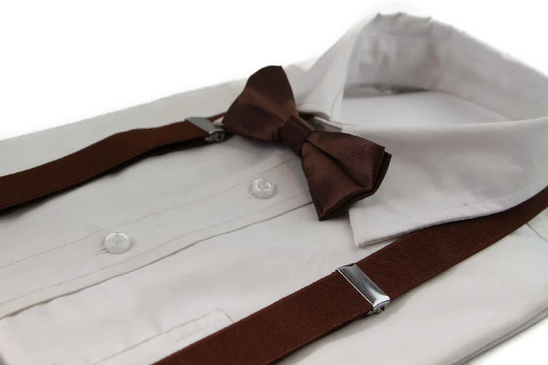 vibrant wedding neckties-Boys Adjustable Brown 65cm Suspenders & Matching Bow Tie Set