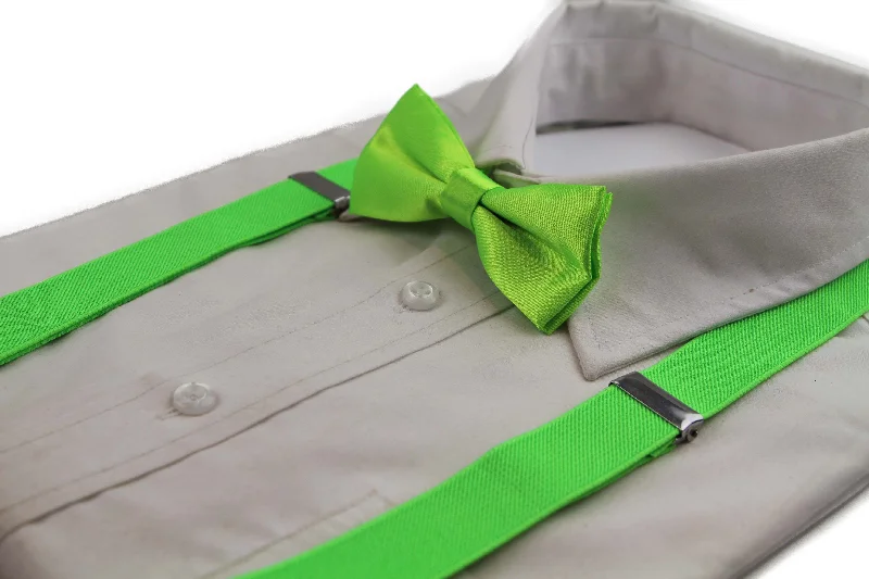 affordable wedding ties-Boys Adjustable Fluro Green 65cm Suspenders & Matching Bow Tie Set