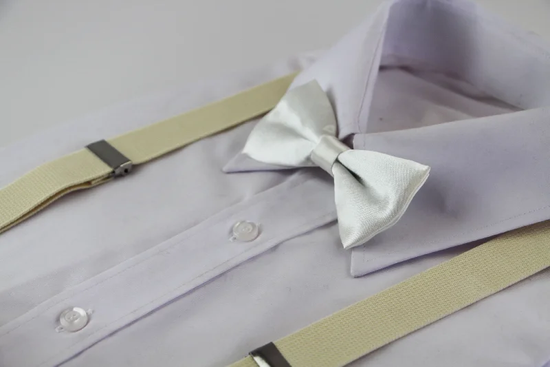 premium handmade neckties-Boys Adjustable Ivory 65cm Suspenders & Matching Bow Tie Set