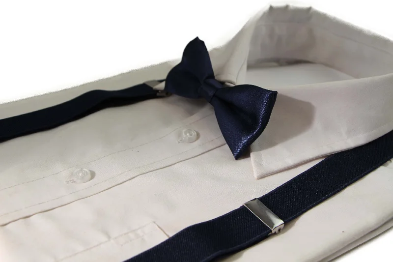 ties with cufflinks-Boys Adjustable Navy 65cm Suspenders & Matching Bow Tie Set