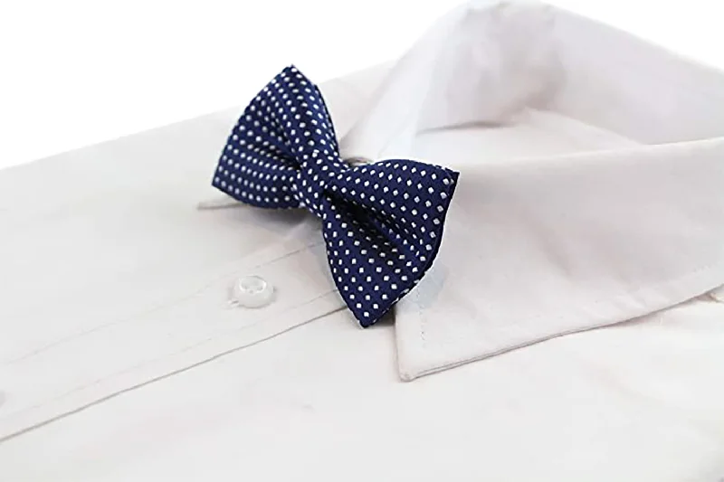 classic wedding neckties-Boys Navy Bow Tie With White Polka Dots