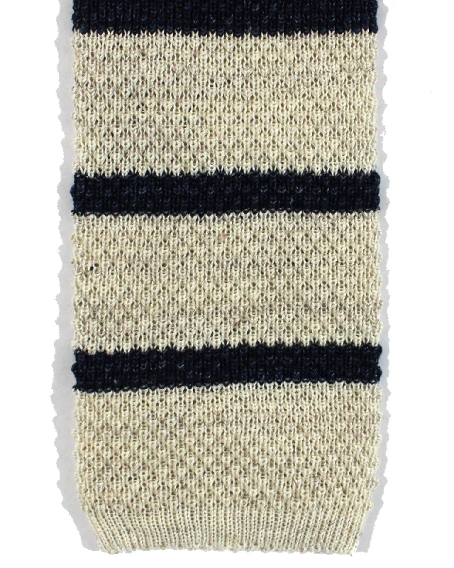 striped ties for men-Brunello Cucinelli Square End Knitted Tie White Navy Stripes Cotton/ Linen FINAL SALE