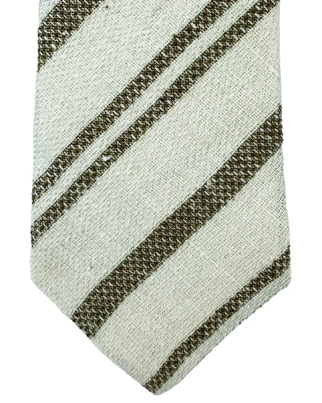 business event neckties-Brunello Cucinelli Tie White Brown Stripes Design - Linen/ Silk FINAL SALE