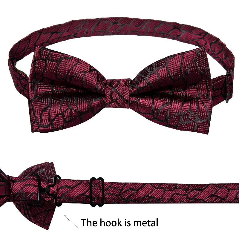 affordable wedding ties-Burgundy Red Novelty Silk Pre-tied Bow Tie Hanky Cufflinks Set