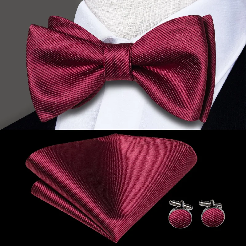 men's professional silk ties-Burgundy Red Striped Self-tied Bow Tie Pocket Square Cufflinks Set