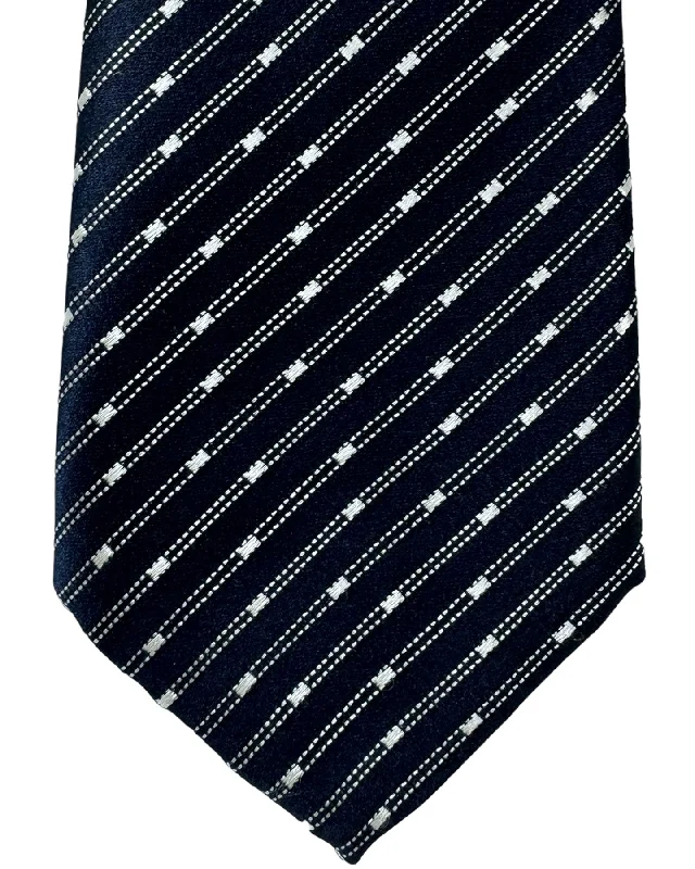 unique color neckties-Canali Tie Dark Blue Silver Stripes - Jacquard Silk