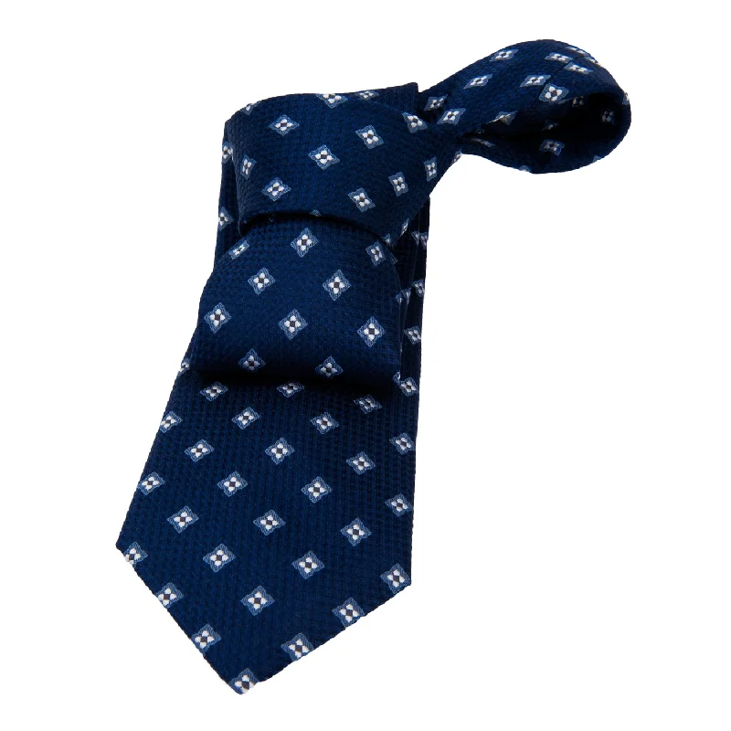 classic men's ties-Champlain Foulard Silk Tie, Navy / Blue / Silver