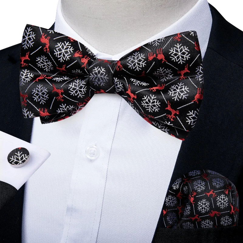 silk ties with designs-Christmas Black Red Snowflake Floral Men's Pre-tied Bowtie Pocket Square Cufflinks Set