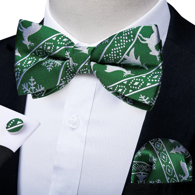 trendy necktie styles for men-Christmas Green Novelty Men's Pre-tied Bowtie Pocket Square Cufflinks Set