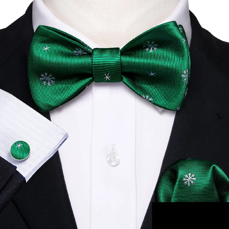 striped formal neckties-Christmas Green Snowflake Novelty Self-tied Bow Tie Pocket Square Cufflinks Set