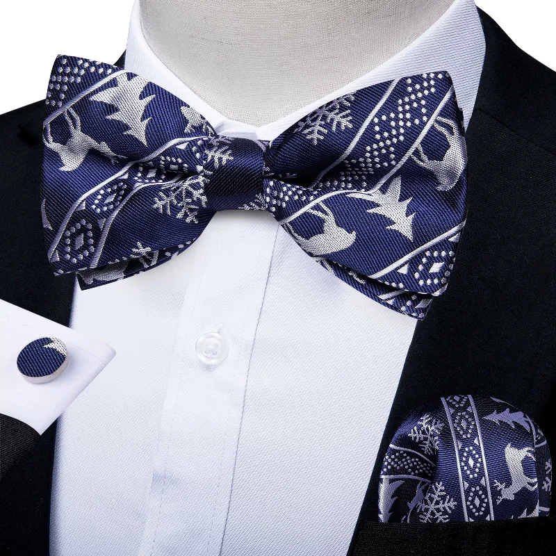 summer business ties-Christmas Royal Blue Novelty Men's Pre-tied Bowtie Pocket Square Cufflinks Set