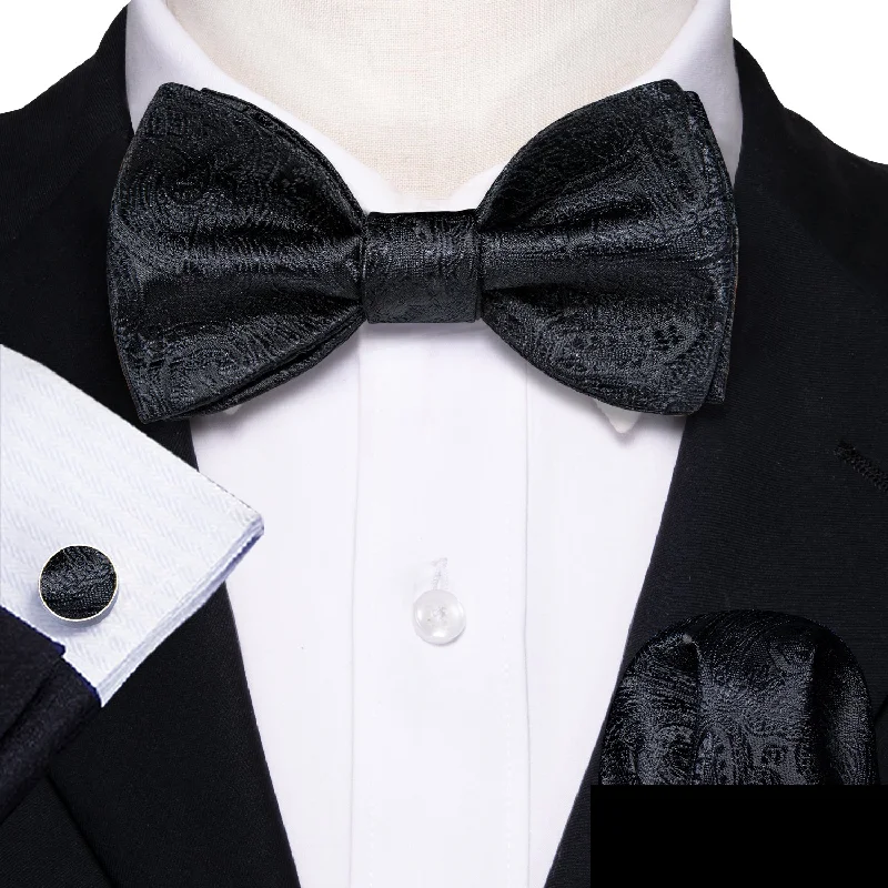 luxury ties for men-Classic Black Paisley Self-tied Silk Bow Tie Pocket Square Cufflinks Set