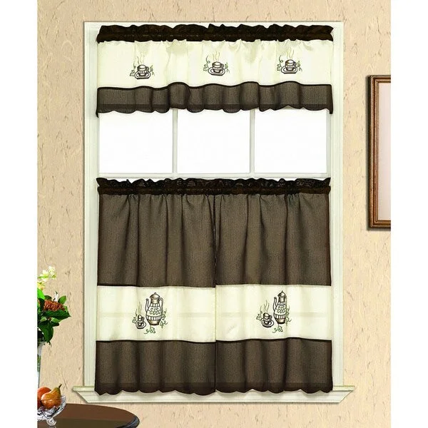 men's patterned silk ties-Coffee Embroidery Tiered Curtain Set (3-piece)