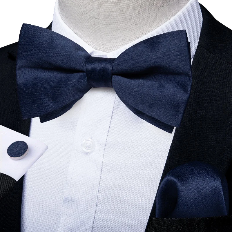 men's formal wedding neckties-Dark Blue Solid Men's Pre-tied Bowtie Pocket Square Cufflinks Set