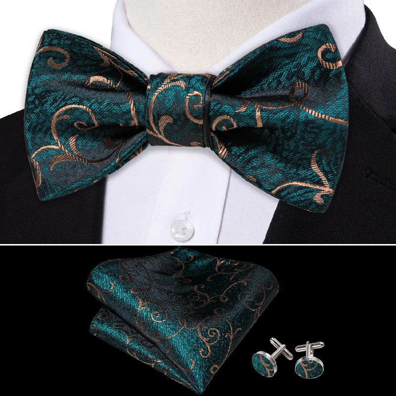 retro necktie designs-Dark Green Floral Self-tied Bow Tie Pocket Square Cufflinks Set