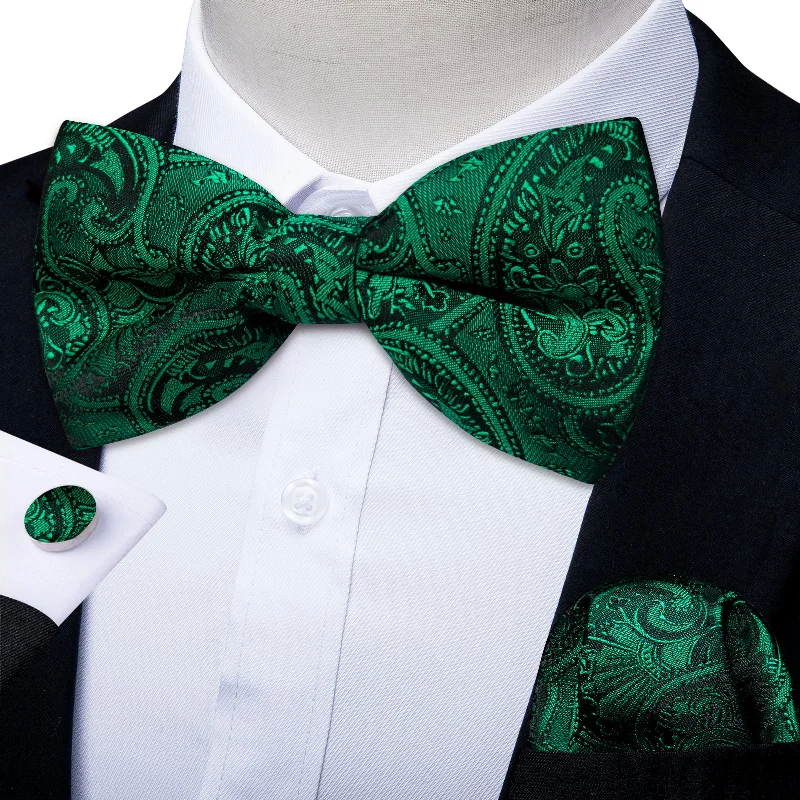 business attire ties-Dark Green Paisley Men's Pre-tied Bowtie Pocket Square Cufflinks Set