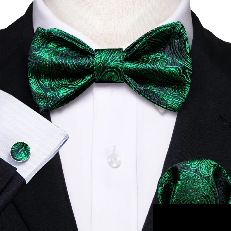 luxurious silk wedding neckties-Dark Green Paisley Self-tied Bow Tie Pocket Square Cufflinks Set