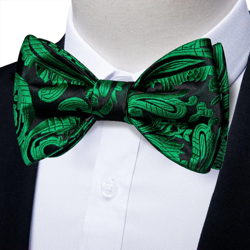 elegant silk ties-Dark Green Paisley Self-tied Bow Tie Pocket Square Cufflinks Set