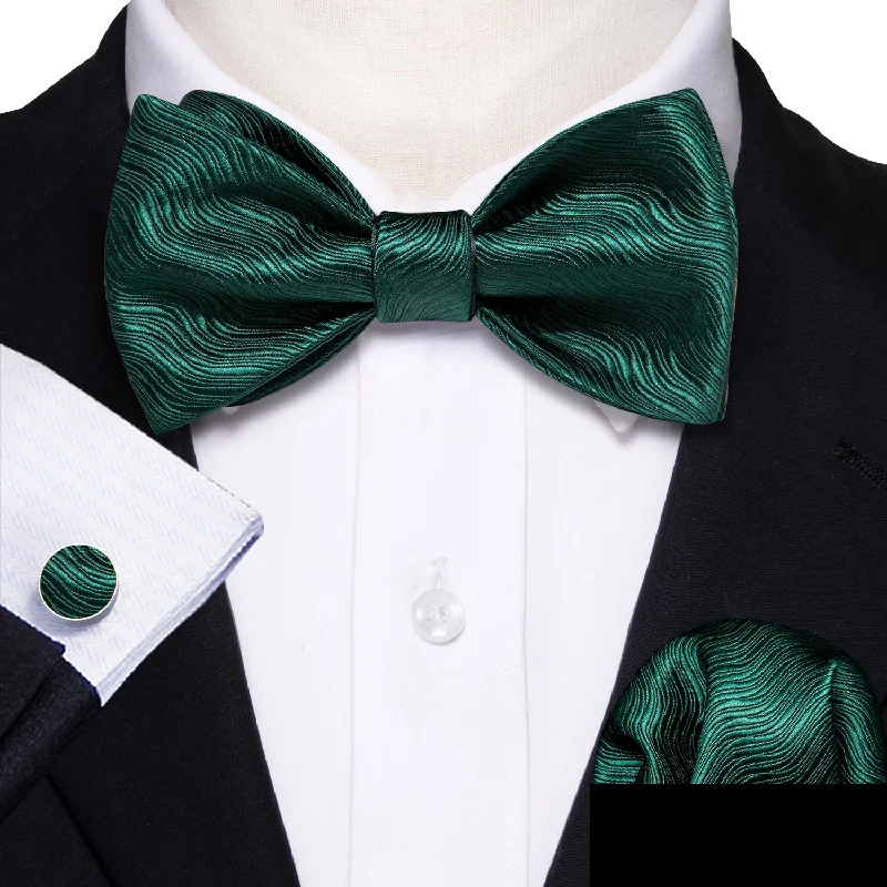 stylish ties for casual outfits-Dark Green Striped Self-tied Silk Bow Tie Pocket Square Cufflinks Set