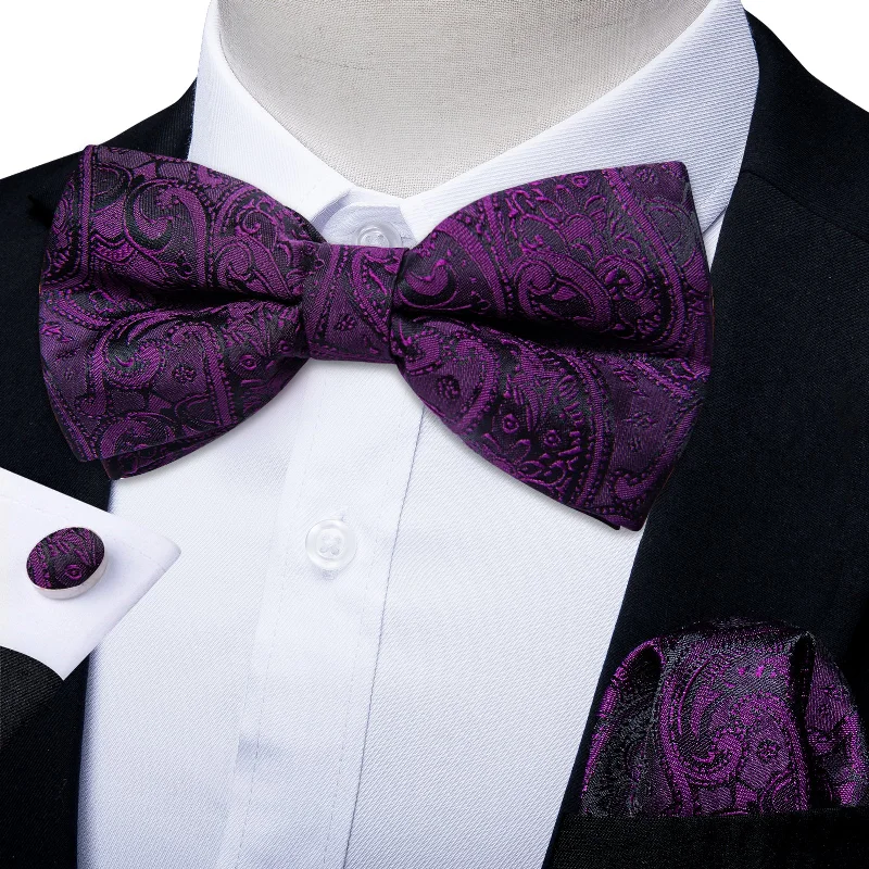 tie combinations for men-Dark Purple Paisley Men's Pre-tied Bowtie Pocket Square Cufflinks Set