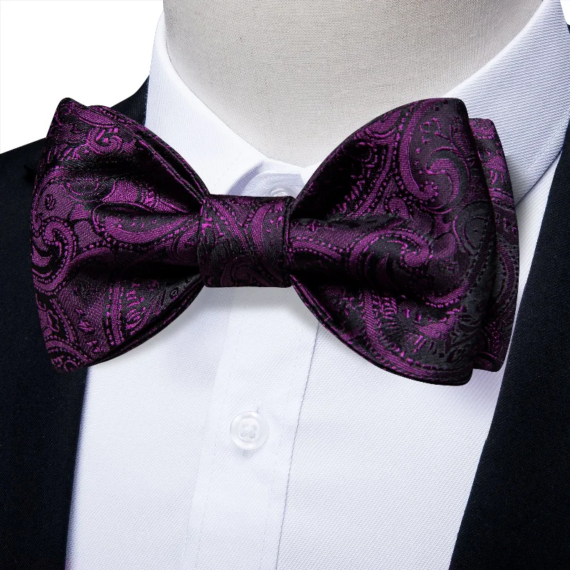 casual neckties for office-Dark Purple Paisley Self-tied Bow Tie Pocket Square Cufflinks Set