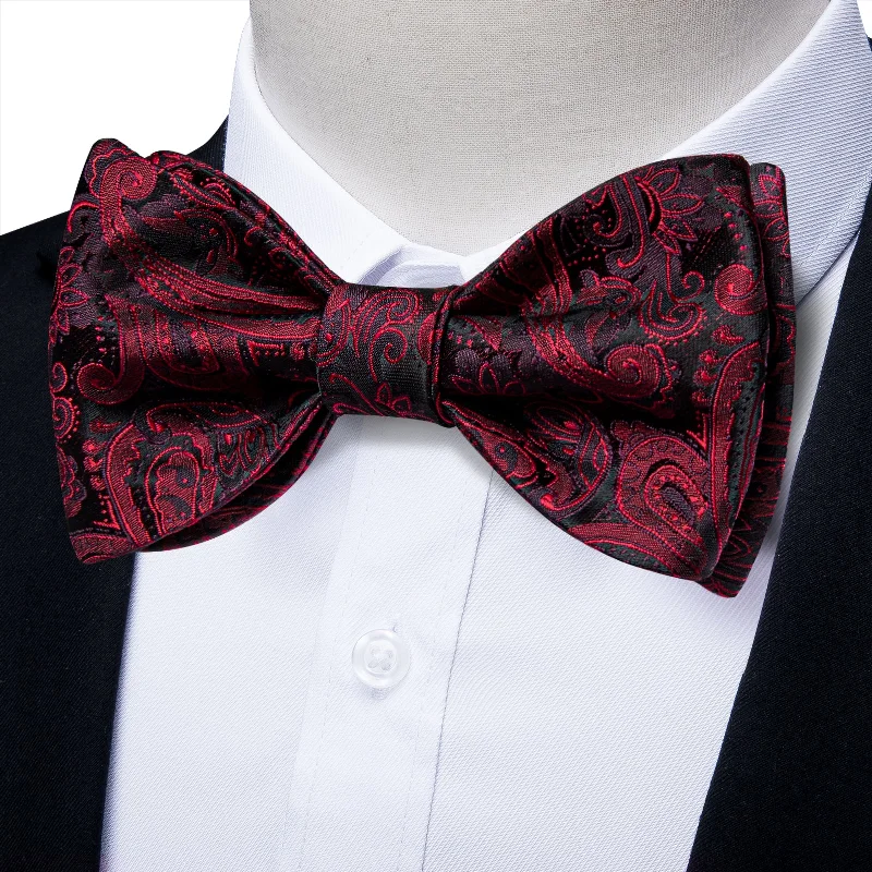 luxury silk neckties-Dark Red Paisley Self-tied Bow Tie Pocket Square Cufflinks Set