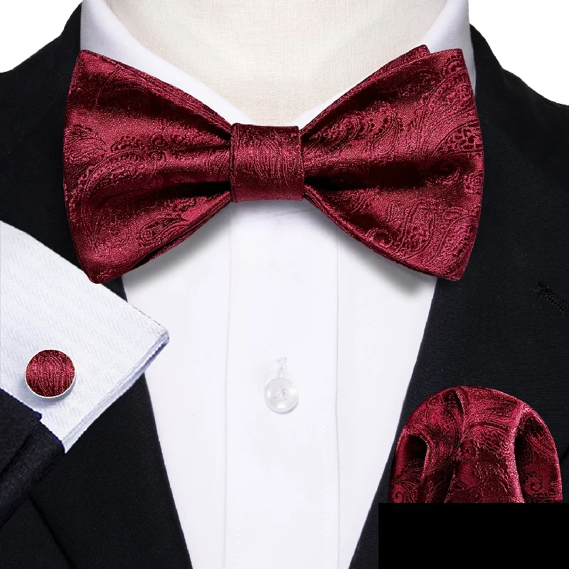 elegant business neckties-Dark Red Paisley Silk Self-tied Bow Tie Hanky Cufflinks Set