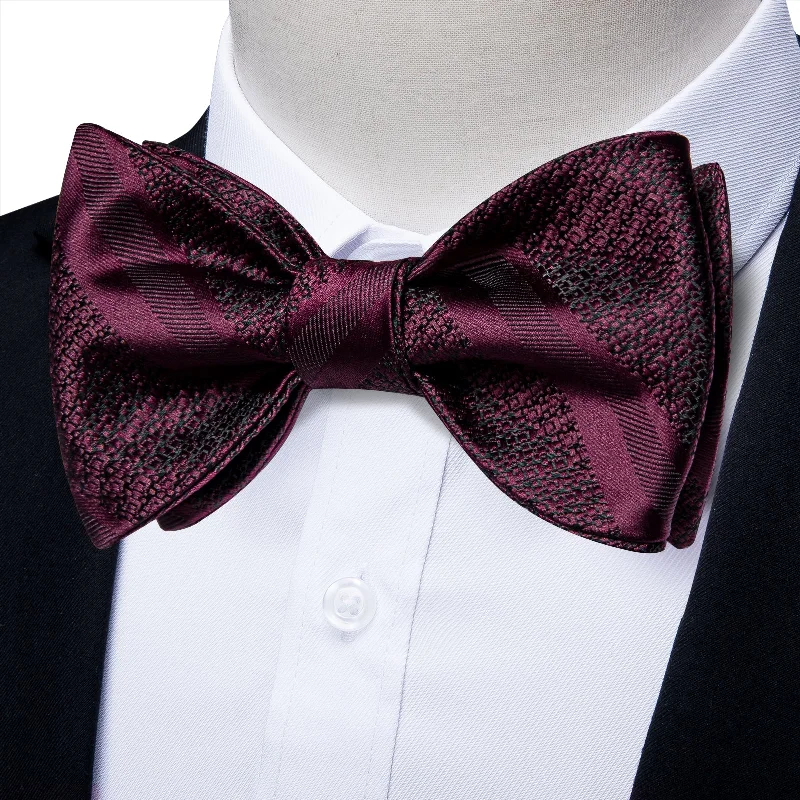 wedding guest ties-Dark Red Striped Self-tied Bow Tie Pocket Square Cufflinks Set