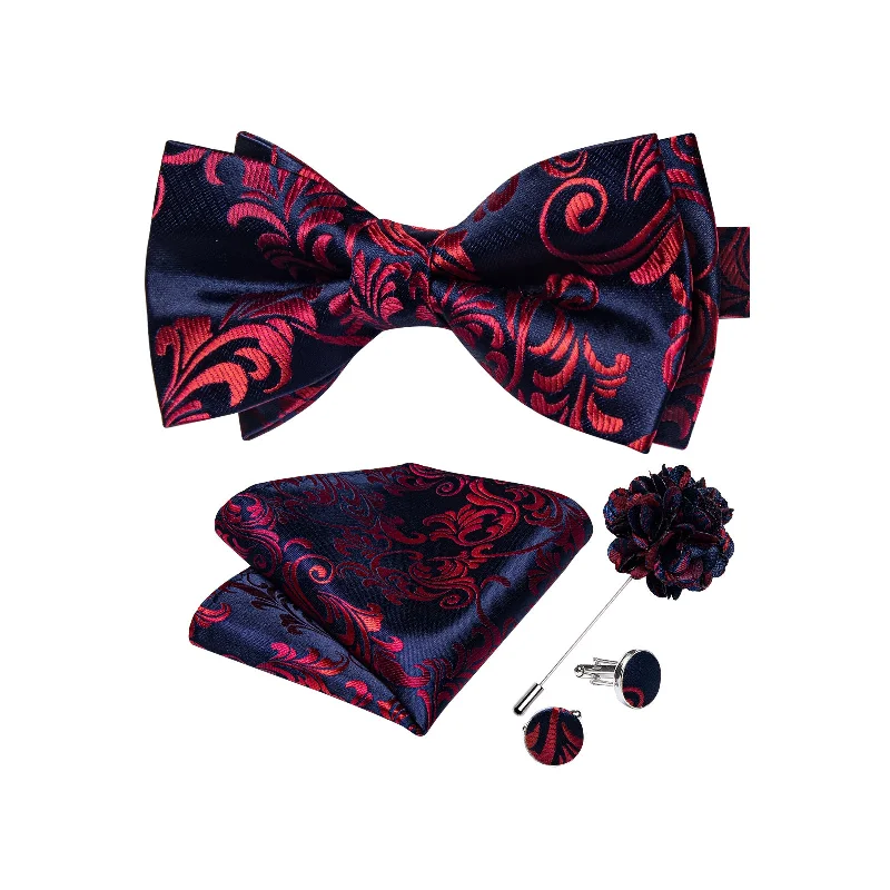 ties with cufflinks-Deep Blue Red Floral Men's Pre-tied Bowtie Pocket Square Cufflinks Set with Lapel Pin