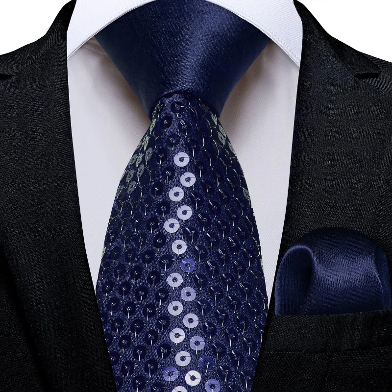 premium handmade neckties-DiBanGu Casual Tie Oxford Blue Solid Sequin Mens Dress Tie Pocket Square Set