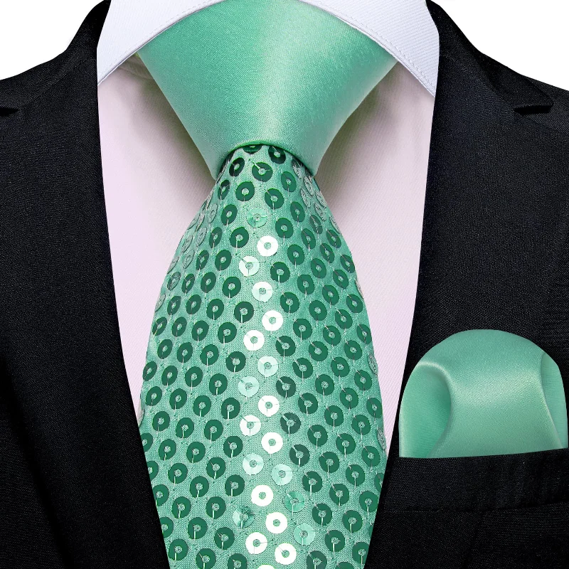 tie sets with pocket squares-DiBanGu Casual Tie Shamrock Green Solid Sequin Mens Dress Tie Pocket Square Set