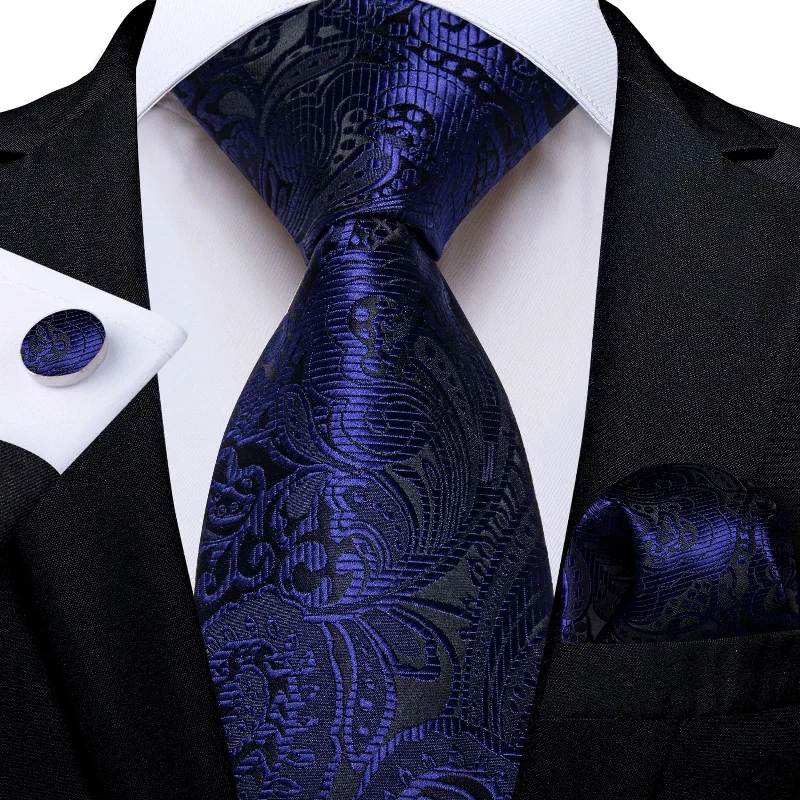 elegant neckties for office wear-DiBanGu Dress Tie Berry Blue Floral Mens Silk Business Tie Handkerchief Cufflinks Set