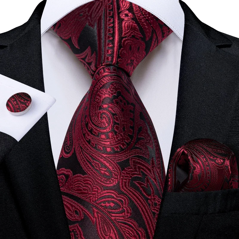 high-quality business neckties-DiBanGu Dress Tie Burgundy Paisley Mens Silk Wedding Tie Pocket Square Cufflinks Set