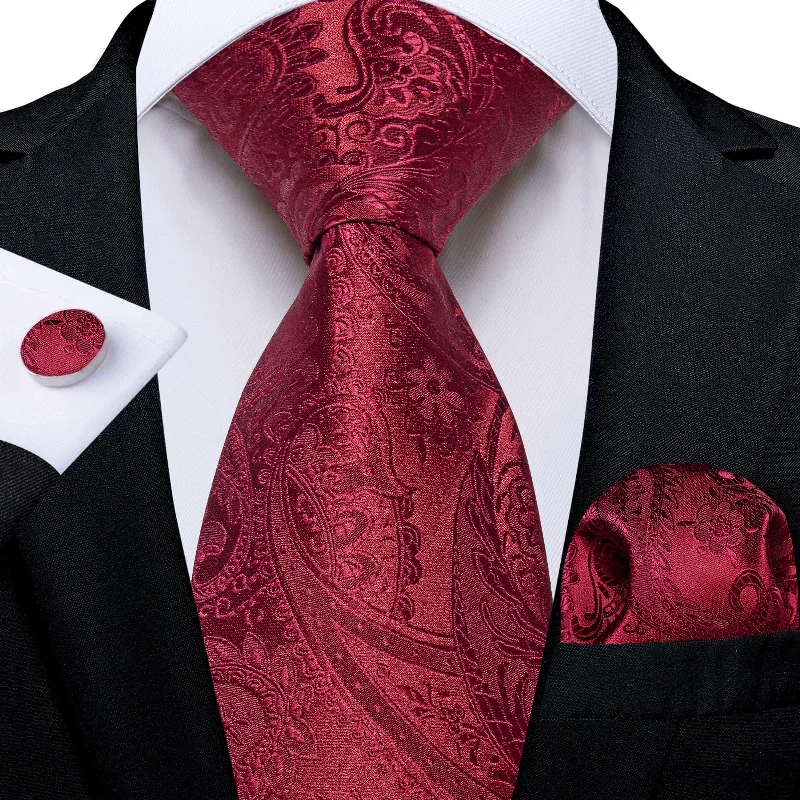 floral ties for weddings-DiBanGu Dress Tie Cordovan Red Floral Mens Silk Work Tie Handkerchief Cufflinks Set