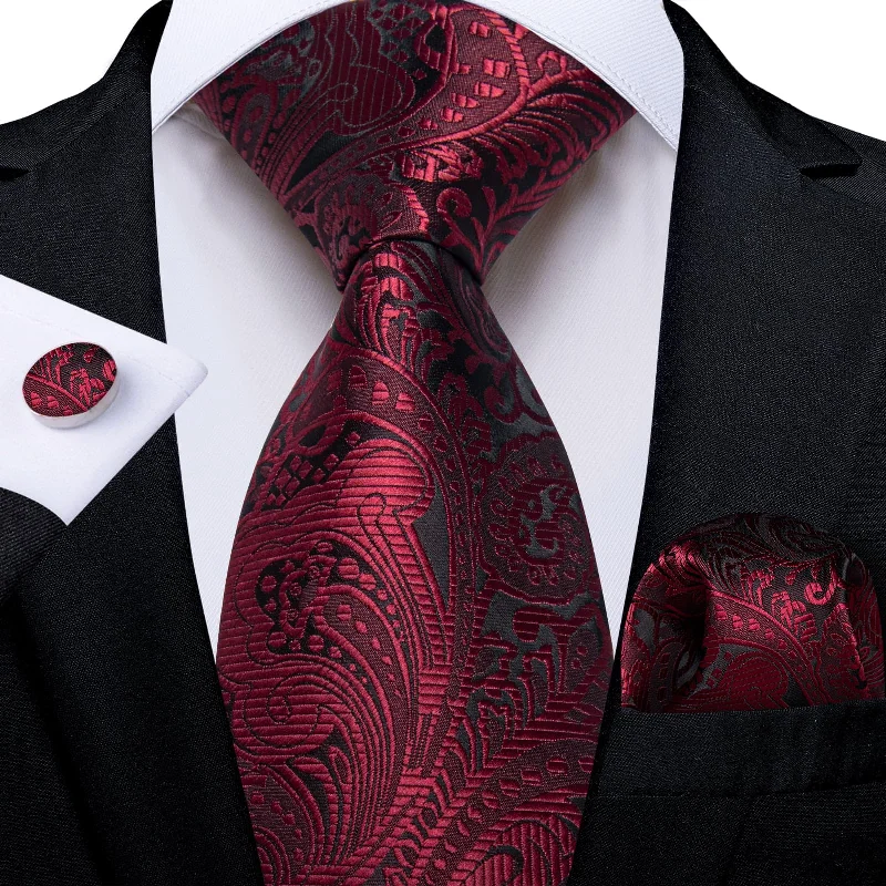 stylish long neckties-DiBanGu Dress Tie Dark Red Floral Mens Silk Business Work Tie Handkerchief Cufflinks Set