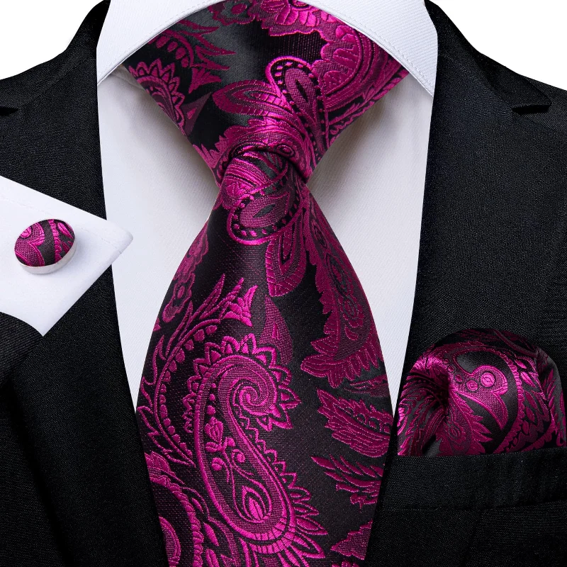 high-end men's ties-DiBanGu Dress Tie Deep Purple Black Paisley Mens Silk Business Tie Handkerchief Cufflinks Set