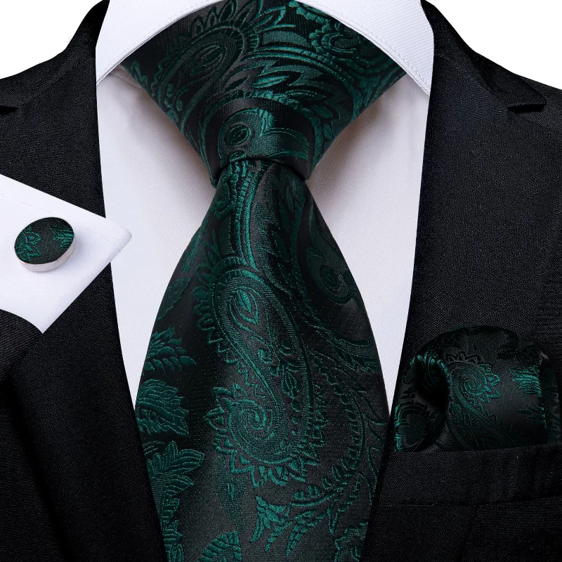 stylish work ties-DiBanGu Dress Tie Medium Jungle Green Paisley Mens Work Silk Tie Pocket Square Cufflinks Set