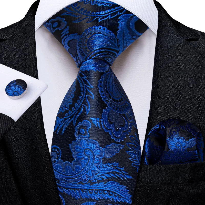 bright color ties-DiBanGu Dress Tie Persian Blue Paisley Mens Work Silk Tie Pocket Square Cufflinks Set