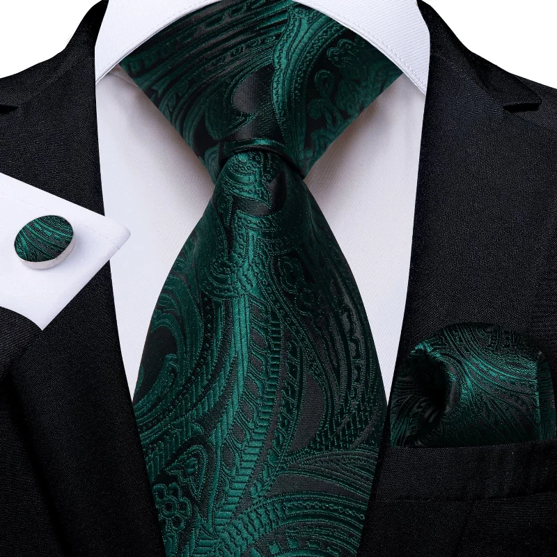 unique wedding ties-DiBanGu Dress Tie Phthalo Green Paisley Mens Silk Wedding Tie Pocket Square Cufflinks Set