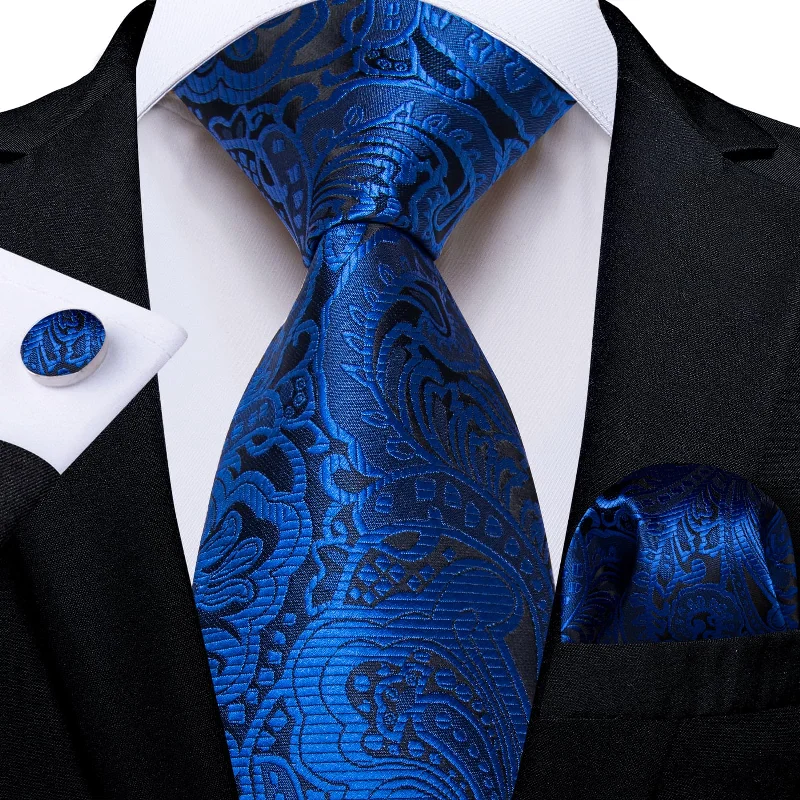 soft silk neckties-DiBanGu Dress Tie Sapphire Blue Floral Mens Silk Business Work Tie Handkerchief Cufflinks Set