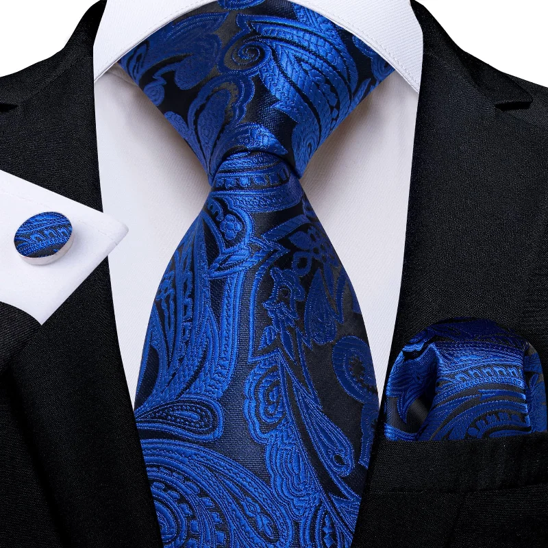 men's business silk ties-DiBanGu Dress Tie Smalt Blue Floral Mens Silk Work Tie Handkerchief Cufflinks Set