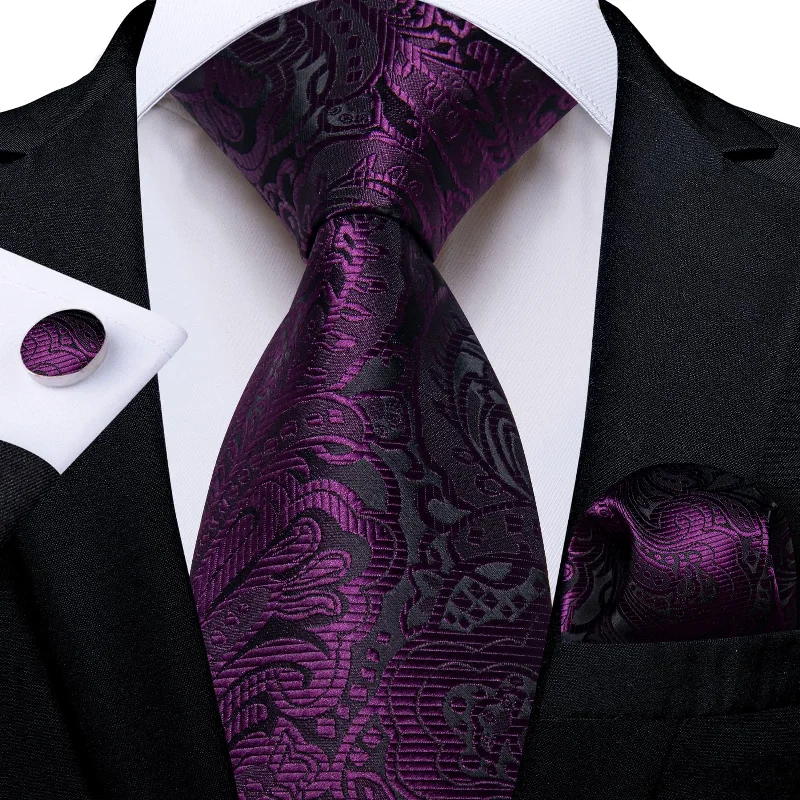 affordable silk neckties-DiBanGu Dress Tie Tyrian Purple Floral Mens Silk Business Work Tie Handkerchief Cufflinks Set