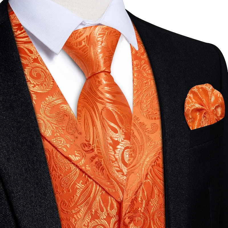 professional designer neckties-DiBanGu Flame Orange Paisley Notched Collar Silk Mens Vest Tie Set