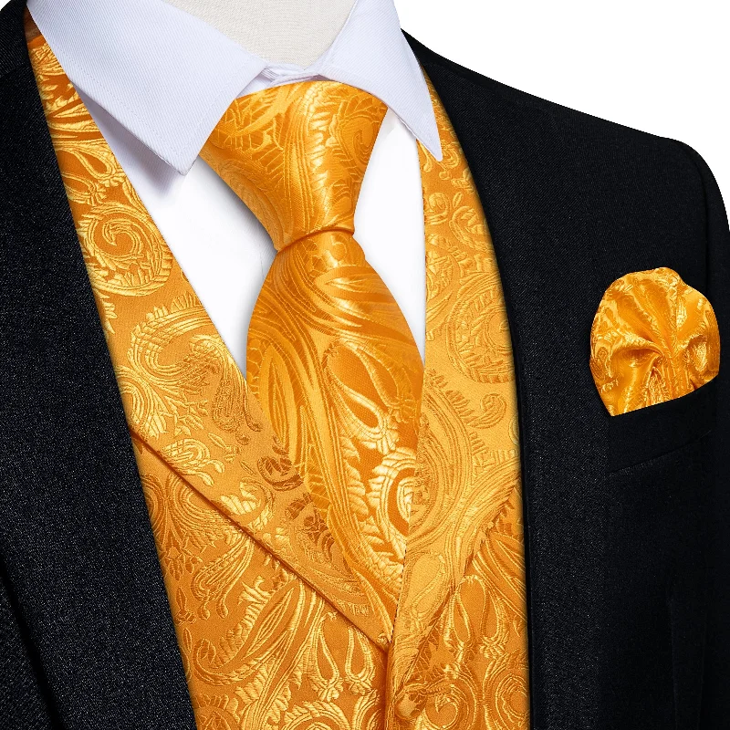 wedding necktie sets-DiBanGu Fulvous Orange Paisley Notched Collar Silk Mens Vest Tie Set