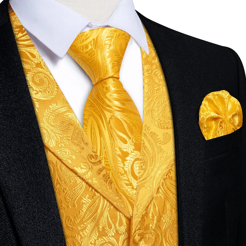 men's classic bow ties-DiBanGu Harvest Gold Paisley Notched Collar Silk Mens Vest Tie Set