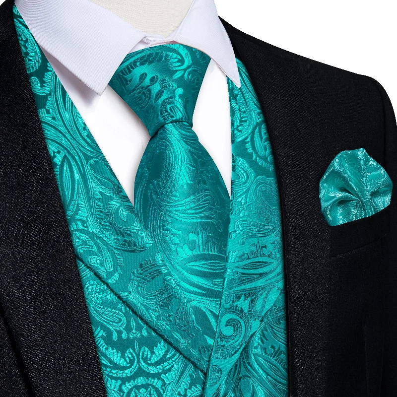 men's patterned silk ties-DiBanGu Light Sea Green Paisley Notched Collar Silk Mens Vest Tie Set