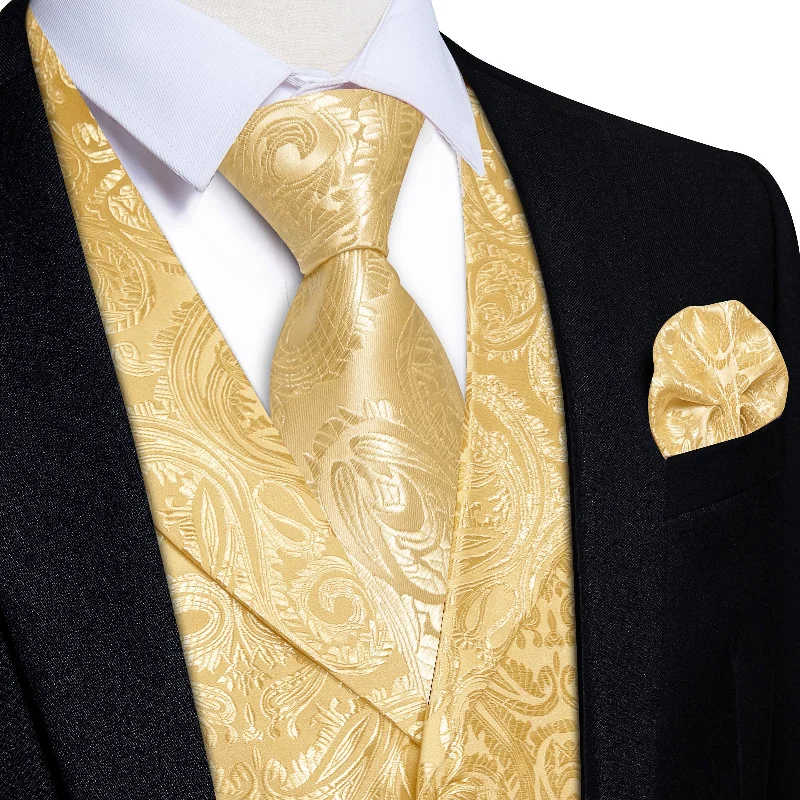 necktie collections for men-DiBanGu Light Yellow Paisley Notched Collar Silk Mens Vest Tie Set