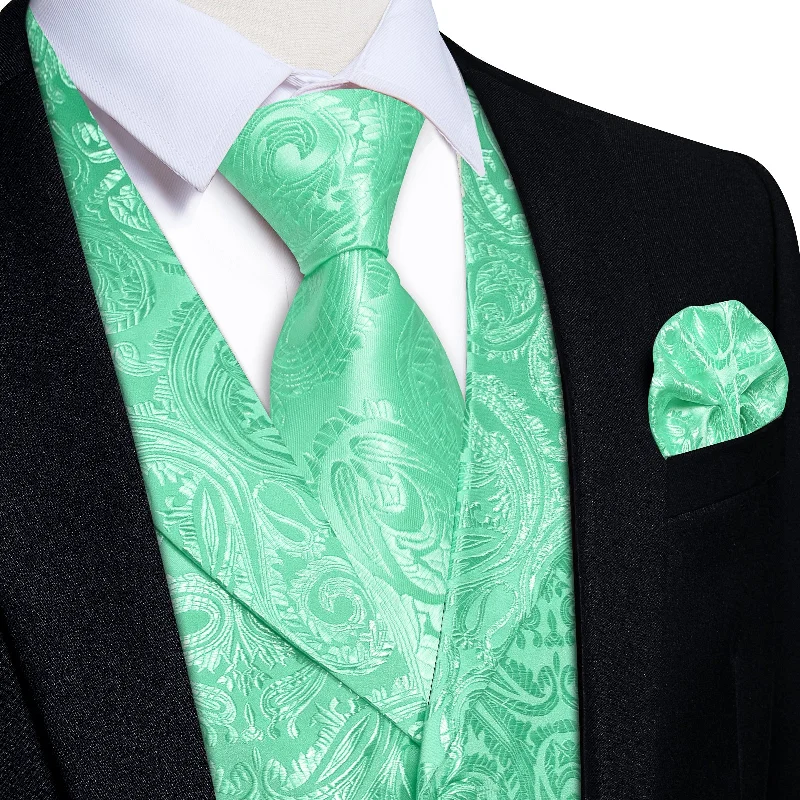 multi-pack neckties for men-DiBanGu Mint Green Paisley Notched Collar Silk Mens Vest Tie Set